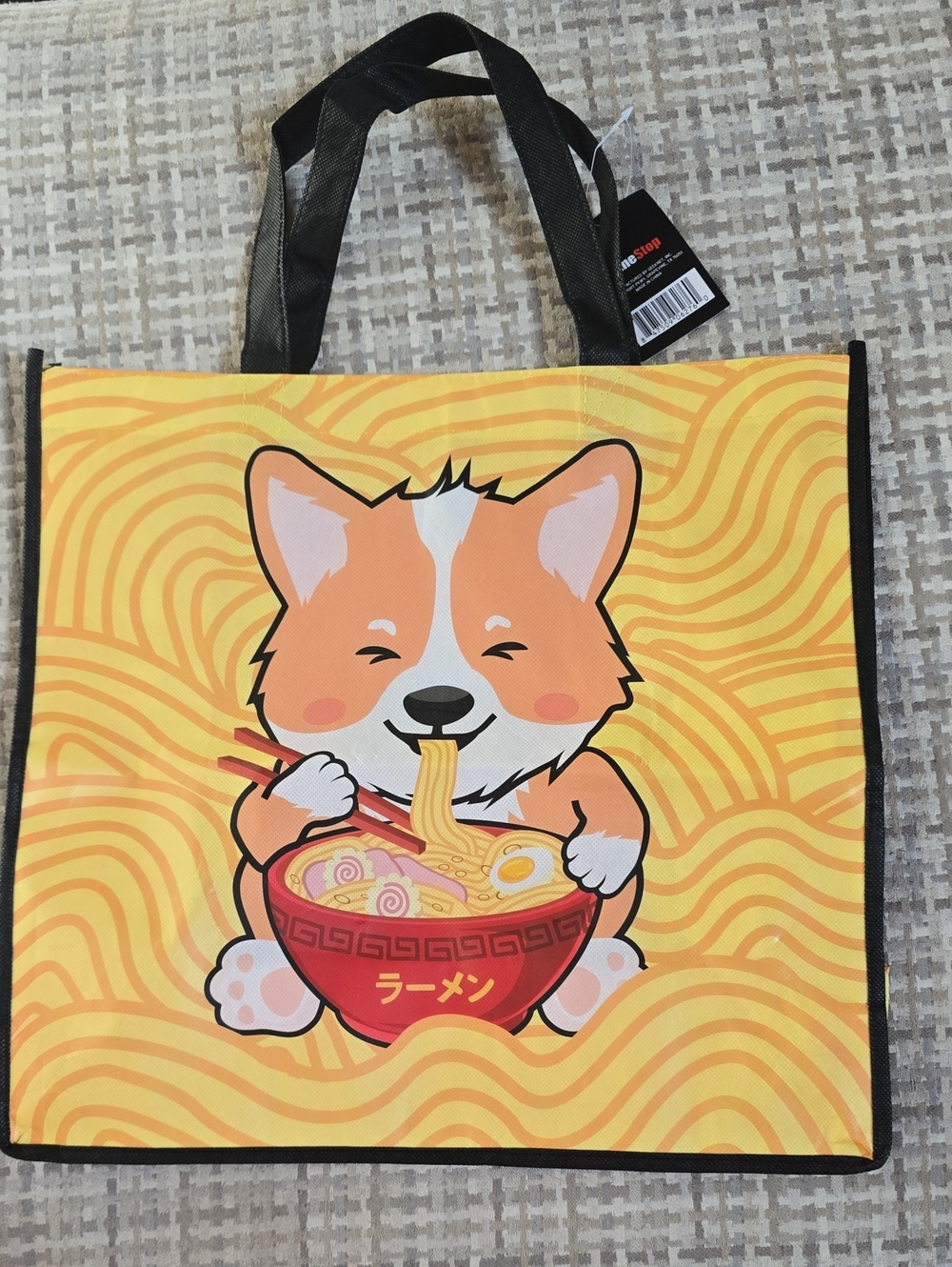 Reusable Dog-Themed Tote Bag - Yellow Corgi Ramen Design